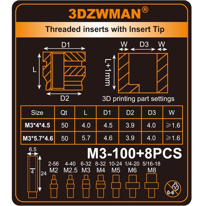 3DZWMAN مكونات إدخالات خيط M3 مع أدوات إدخال حرارية M2-M8، صواميل نحاسية مترية مزخرفة لمكونات الطباعة ثلاثية الأبعاد وأجزاء بلاستيكية (M3x4x4.5-50PCS M3x5.7x4.6-50PCS) - Image 3